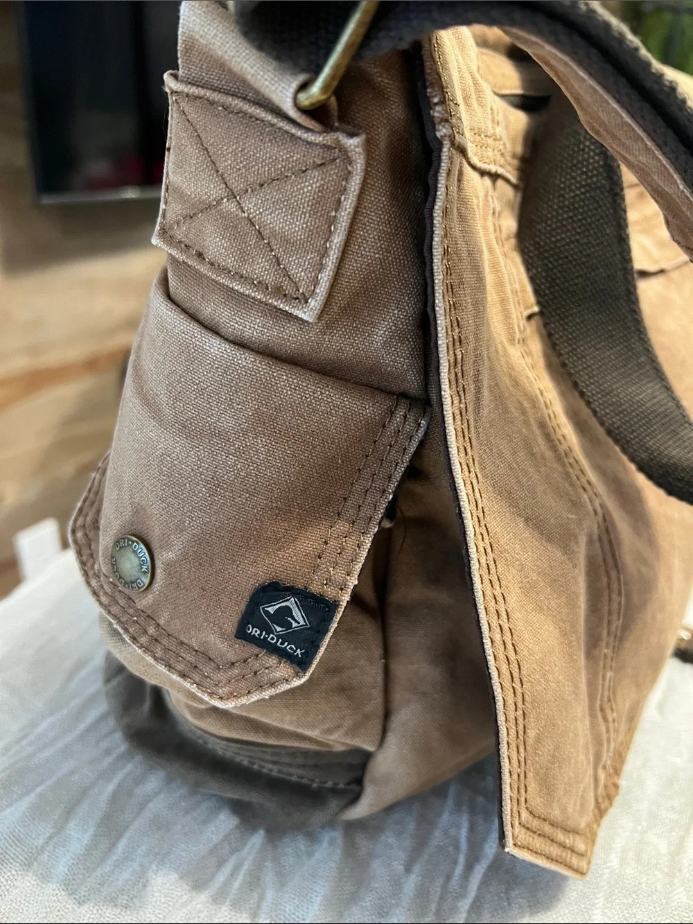 Dri Duck brown denim laptop messenger bag with multiple pockets adj strap